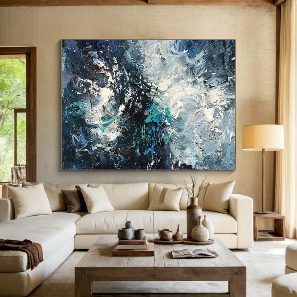 Oversized Abstract Wall Art Blue, White, and Teal Textured Sea Abstract Art PT756