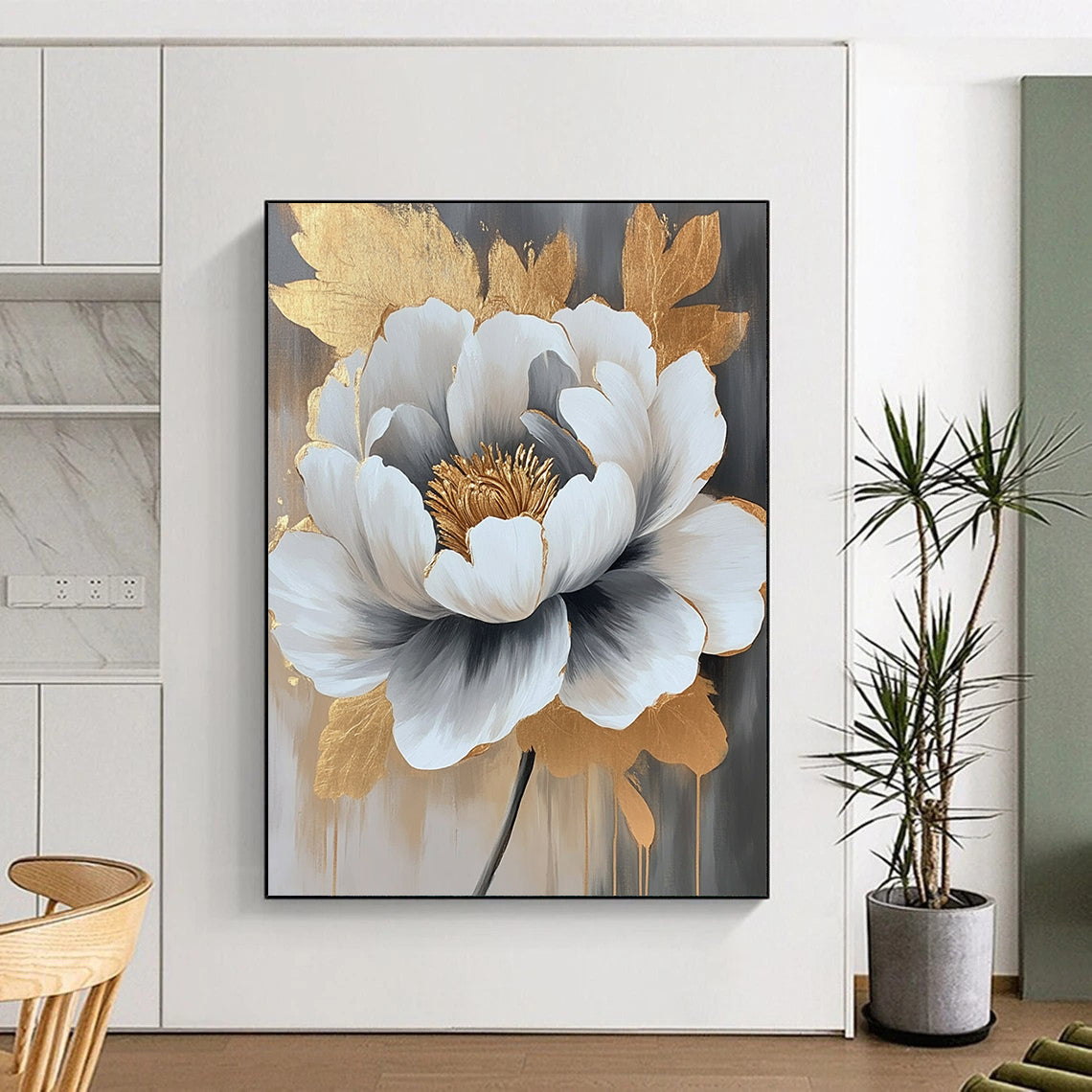 Paintings For House Gray, White, and Gold Floral Abstract Flower Painting DPS435