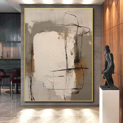 Modern Art Acrylic Gray Beige Black Line Abstract Art for House PT484