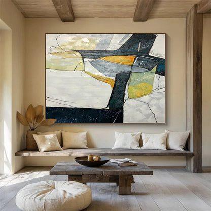 Hand Painting Black, White & Yellow Abstract Geometric Art HPS192