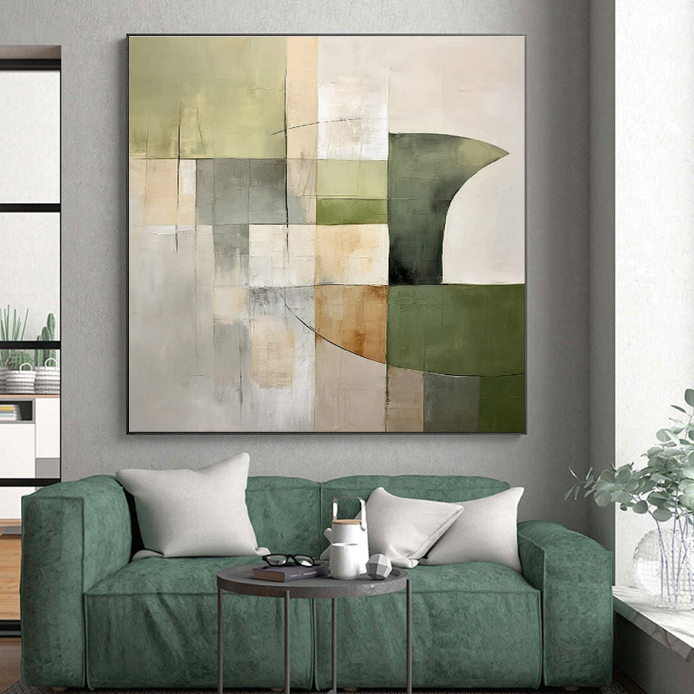 Handmade Art Green, Beige, and Gray Geometric Abstract Art PT780