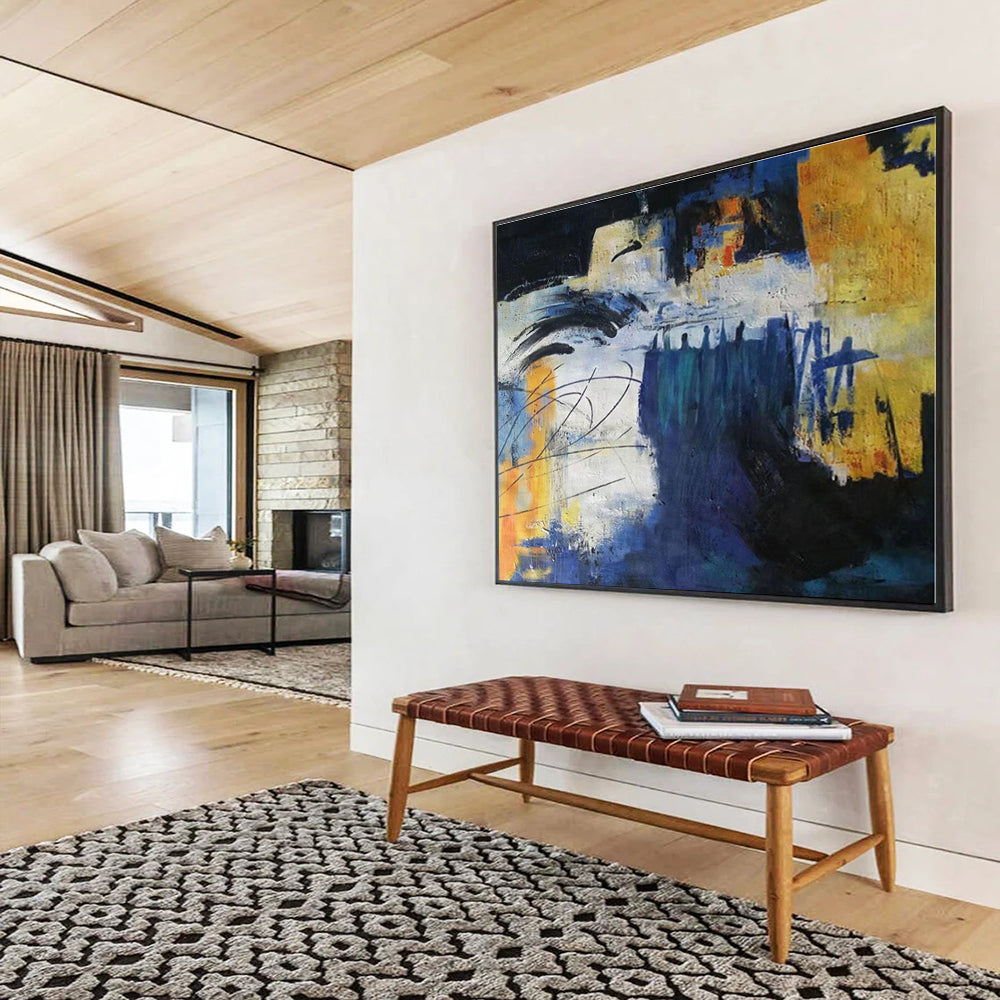 Hand-Painted Blue, Yellow & Black Abstract Urban Scene Art HPS151