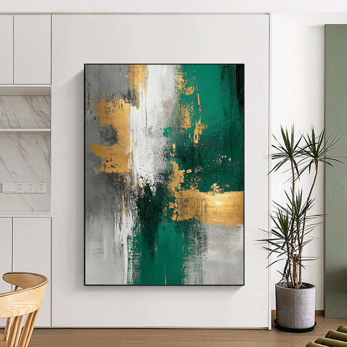 Unique Abstract Art Green, Gold & Gray Textured Abstract Painting On Canvas PT110