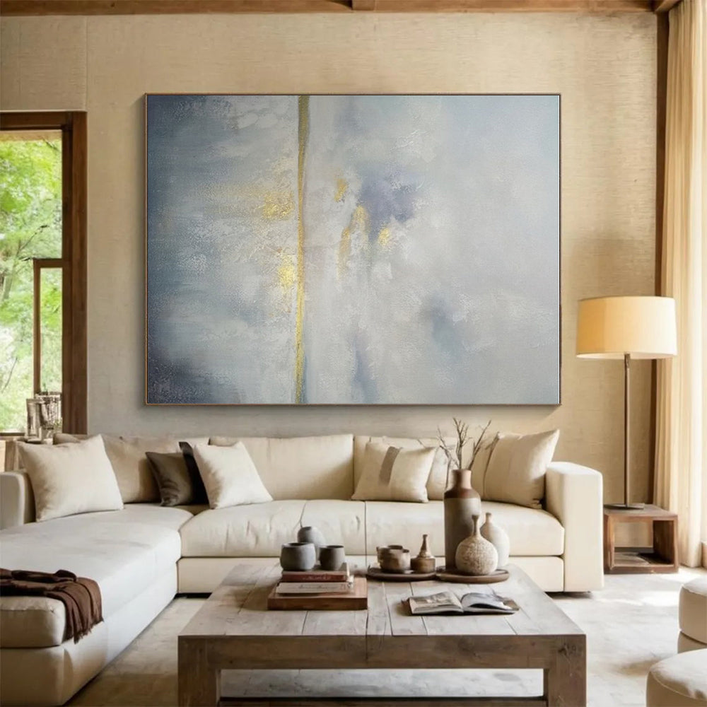 Large Size Gray, Blue, and Gold Textured Landscape Abstract Art PT773