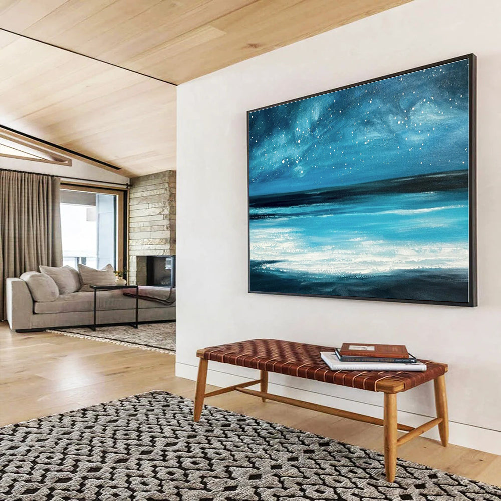 Hand Painted Art Vibrant Blue Starry Sea Abstract On Canvas HPS036