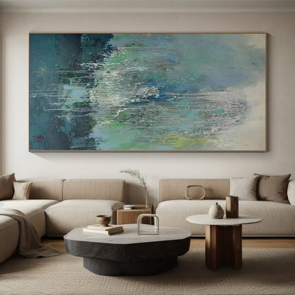 Handmade Art Blue, Green & White Textured Abstract Painting On Canvas PT044