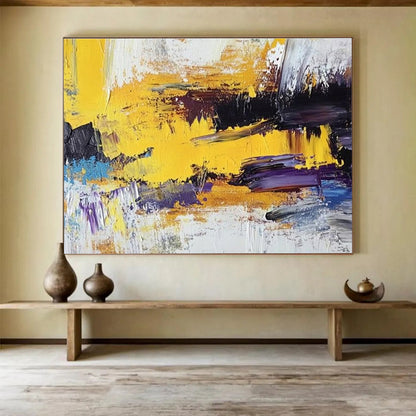 Acrylic Modern Art Paintings Yellow, Black, Purple & White Dynamic Abstract Art HPS236