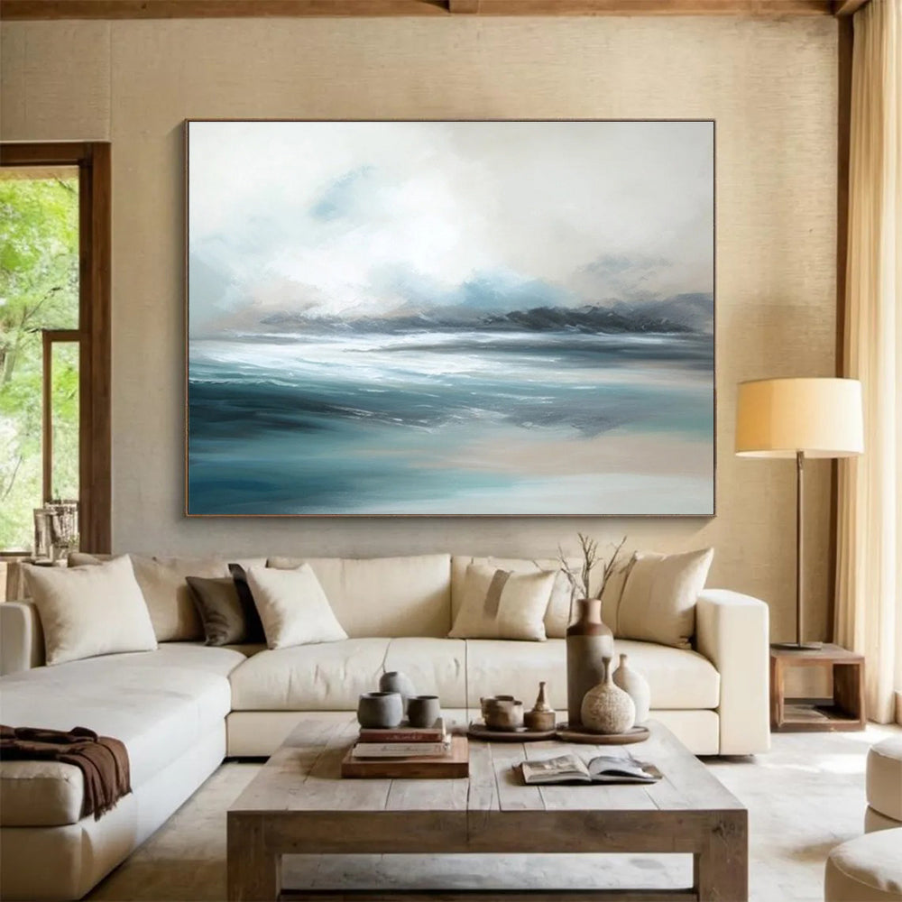 Minimalist Canvas Art Blue & Beige Abstract Coastal Wave Art HPS194