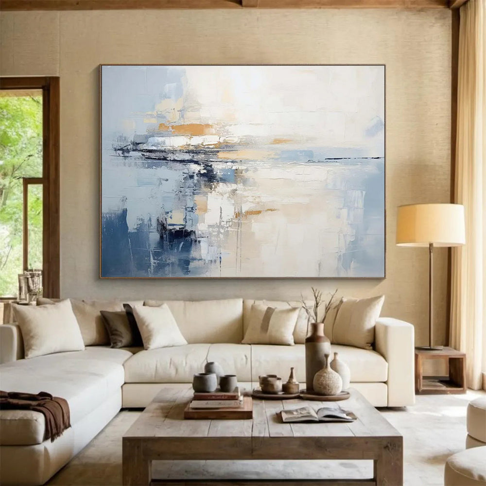 Large Size Blue & Beige Abstract Coastal Reflection Art HPS206