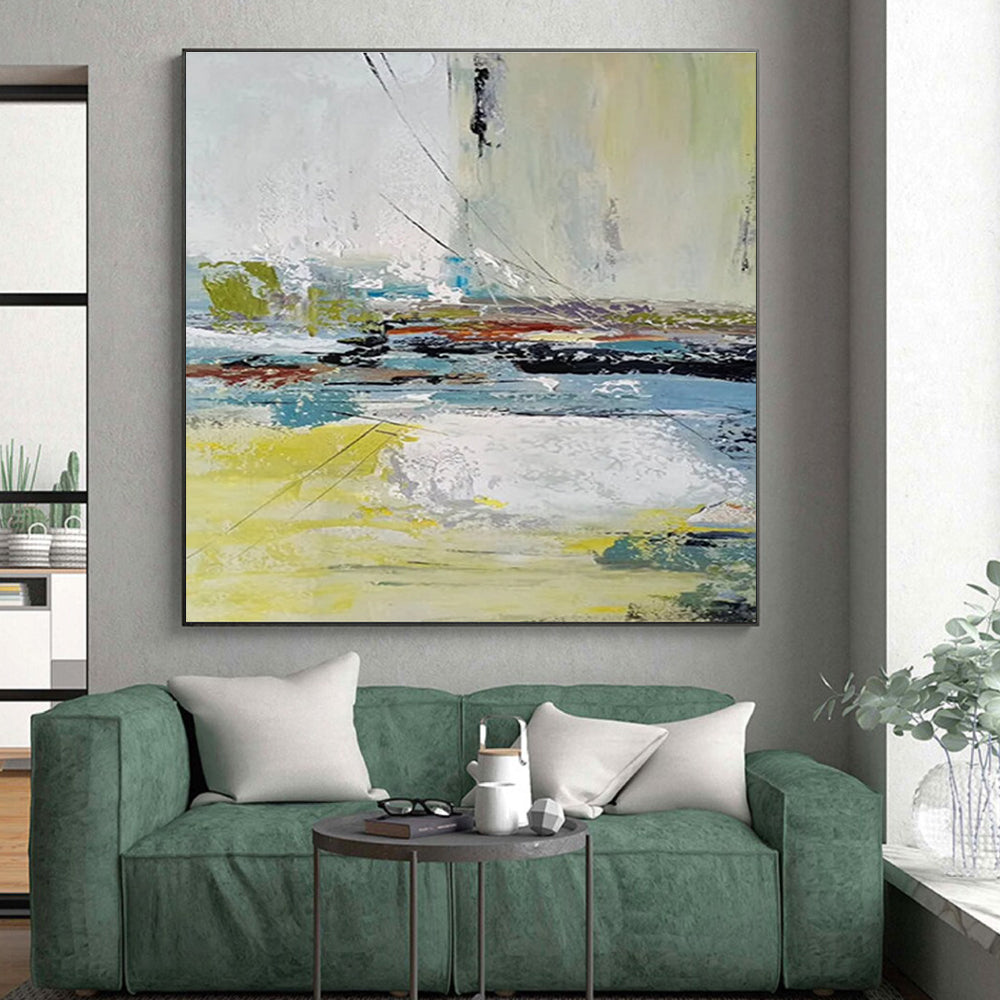 Acrylic Modern Art Paintings with Yellow, Blue, White, and Gray Abstract Landscape PT220