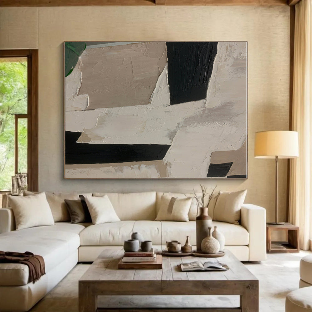 Large Contemporary Wall Art in Black, Beige, and White Geometric Textures, Handmade Art PT306