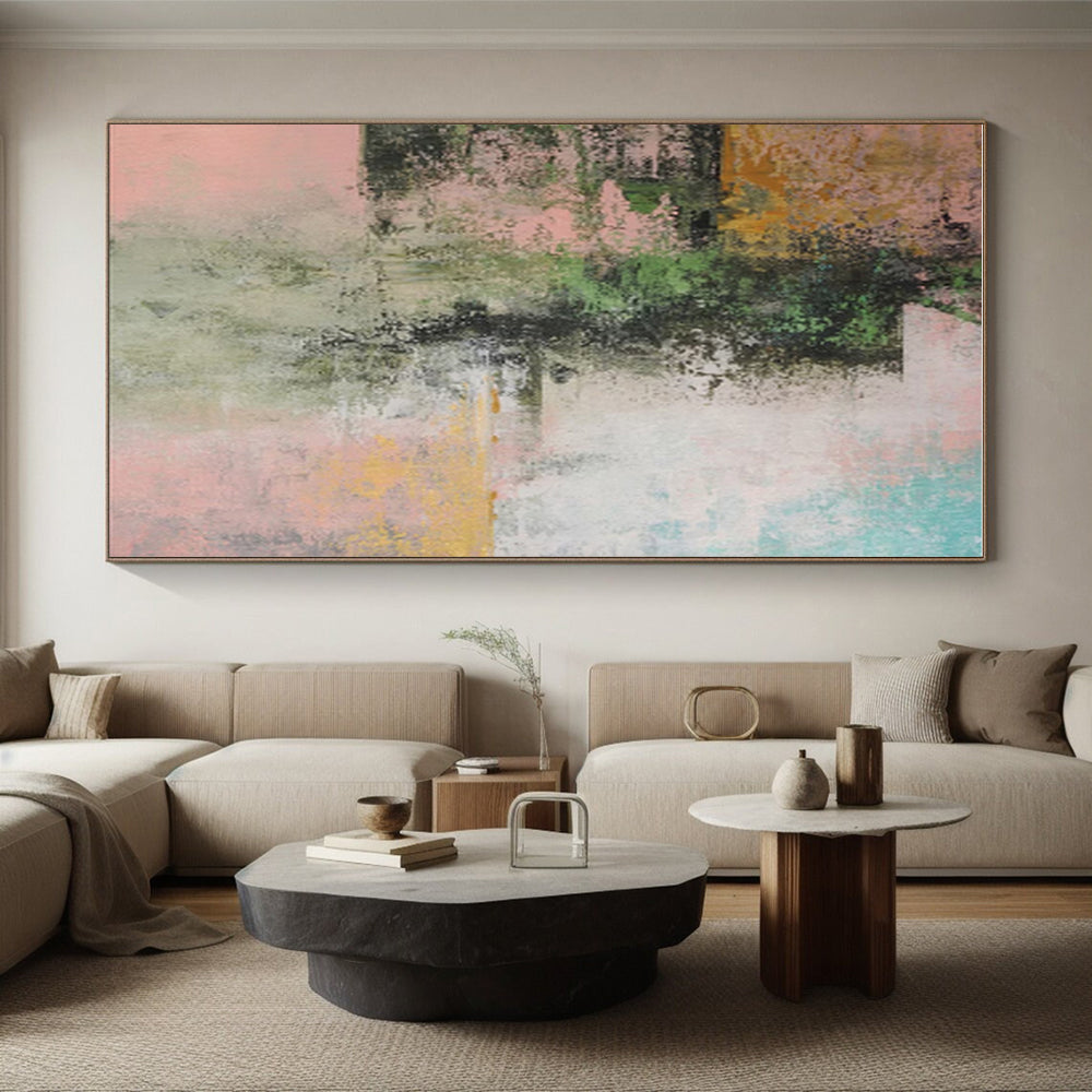 Large Painting In Living Room with Green, Pink, Teal, and Yellow Abstract Design, Handmade Art PT288