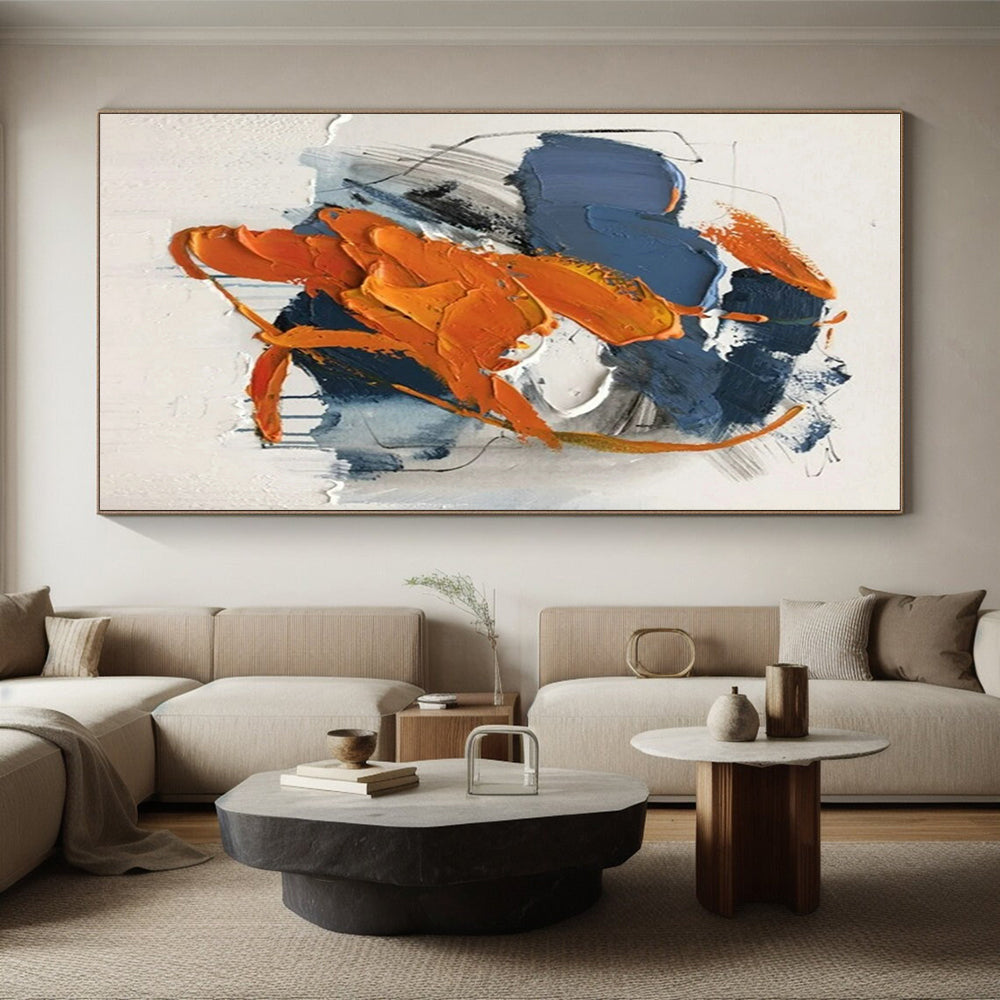 Large Size Orange and Blue Abstract Impasto Creation, Acrylic Modern Art Paintings PT523