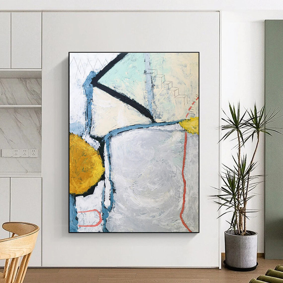 Oversized Abstract Wall Art Gray, Yellow, and Red Geometric Abstract Art PT826
