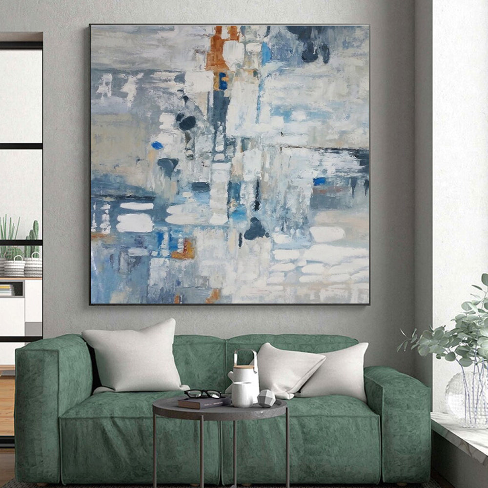 Large Size Blue, Gray, and White Abstract Painting with Fluid Forms, Large Painting In Living Room PT207