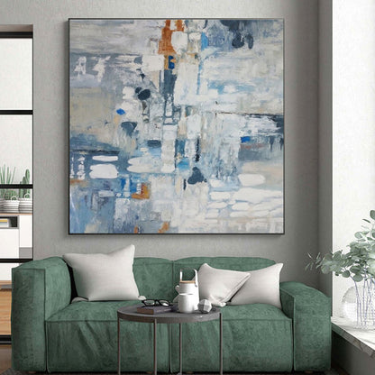 Large Size Blue, Gray, and White Abstract Painting with Fluid Forms, Large Painting In Living Room PT207