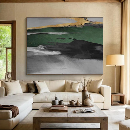 Hand Painting Green, Black, and Gold Abstract Work, Modern Art Acrylic PT002