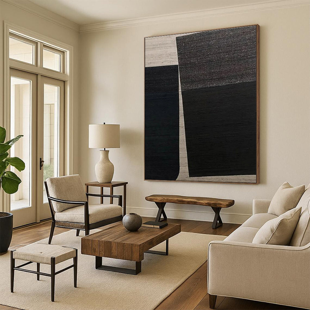 Minimalist Canvas Art Black and Beige Geometric Abstract, Modern Art Acrylic PT549