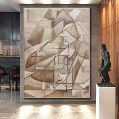 Large Contemporary Wall Art Beige Brown Cubist Abstract Acrylic Creation PT438