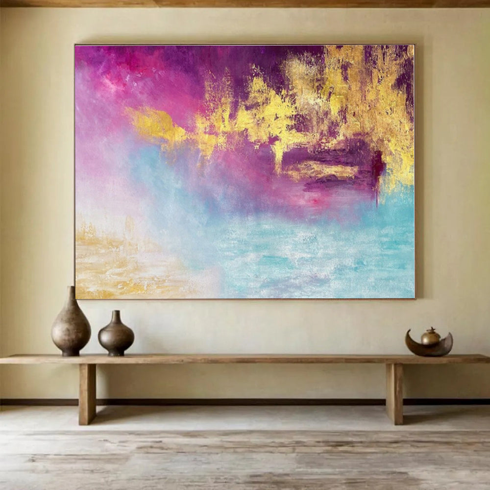 Acrylic Modern Art Paintings Dreamy Pink & Gold Abstract On Canvas HPS012