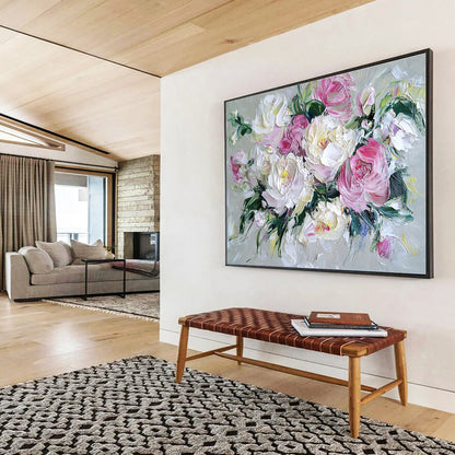 Hand-Painted Pink and White Peony Floral Textured Oil Painting HPS321
