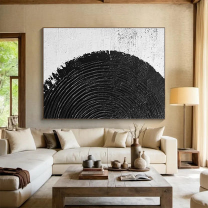 Wall Decor Abstract Paintings Large With Black, White Textured Circular Pattern On Canvas PT196