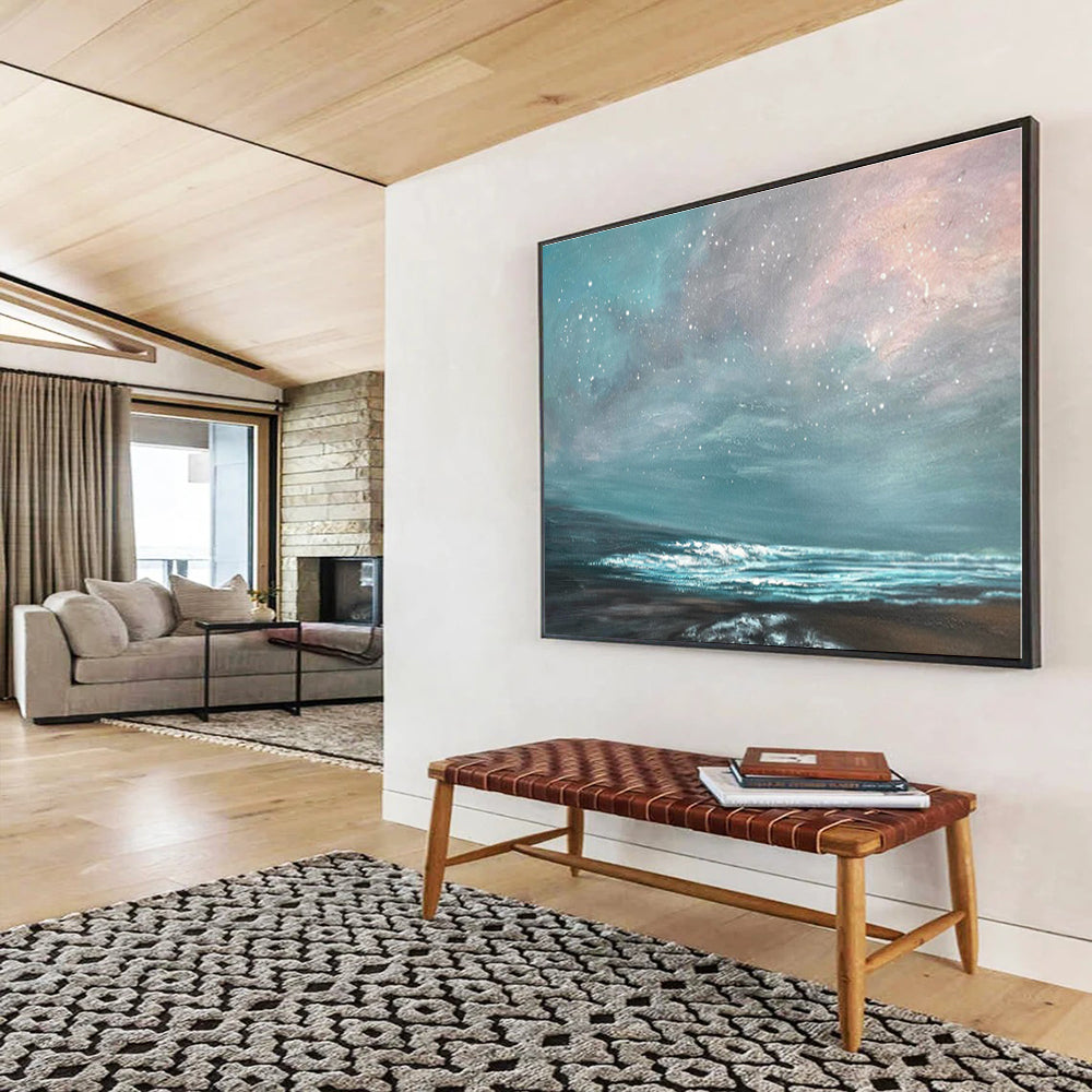 Modern Art Acrylic Teal & Pink Starry Sea Abstract On Canvas HPS037