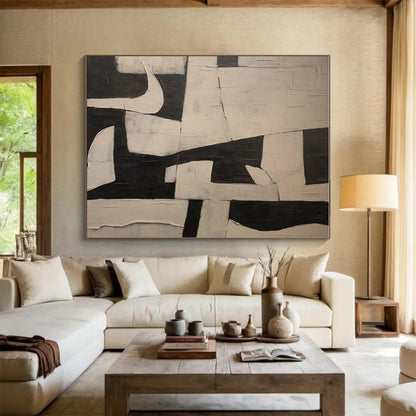 Cool Abstract Paintings in Black and White Geometric Designs, Hand-Painted Acrylic Art PT317