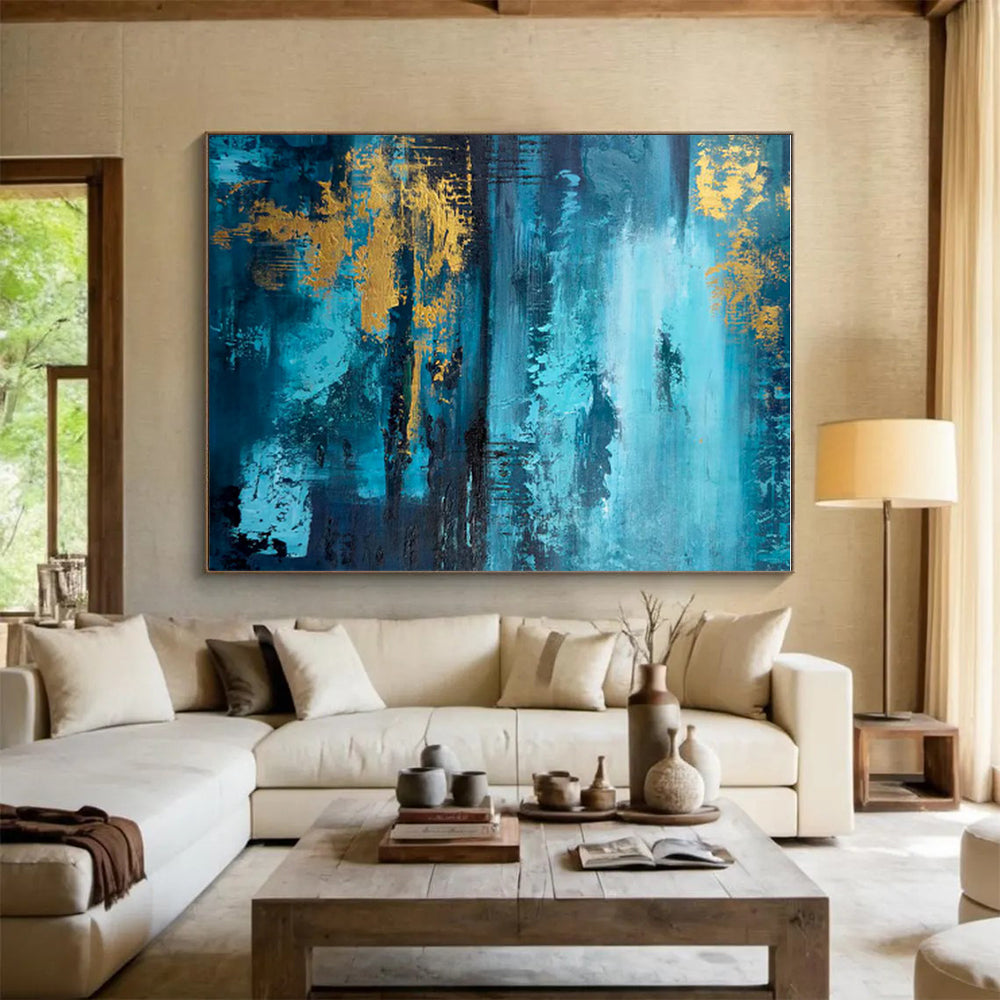 Hand Painted Art Teal Gold Abstract Landscape Acrylic Painting PT451