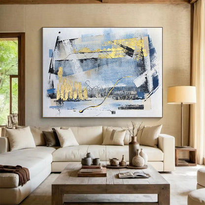 Handmade Art Blue Gold Black Textured Abstract Art PT399