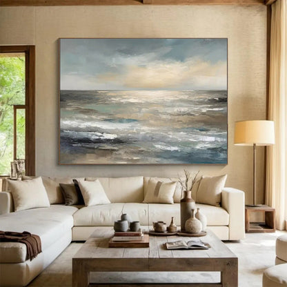 Paintings For House Gray and Beige Abstract Seaside Landscape Art HPS350