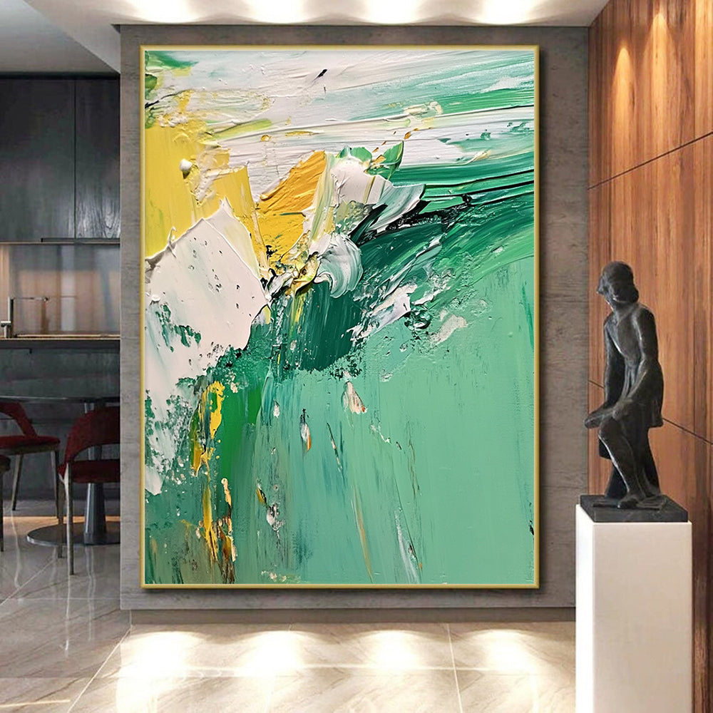 48x60 Green, Yellow & White Textured Abstract Painting On Canvas PT126
