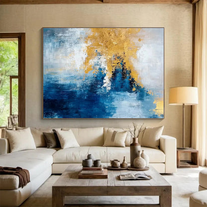 48x60 Blue, White, and Gold Abstract Art with Textural Layers PT226