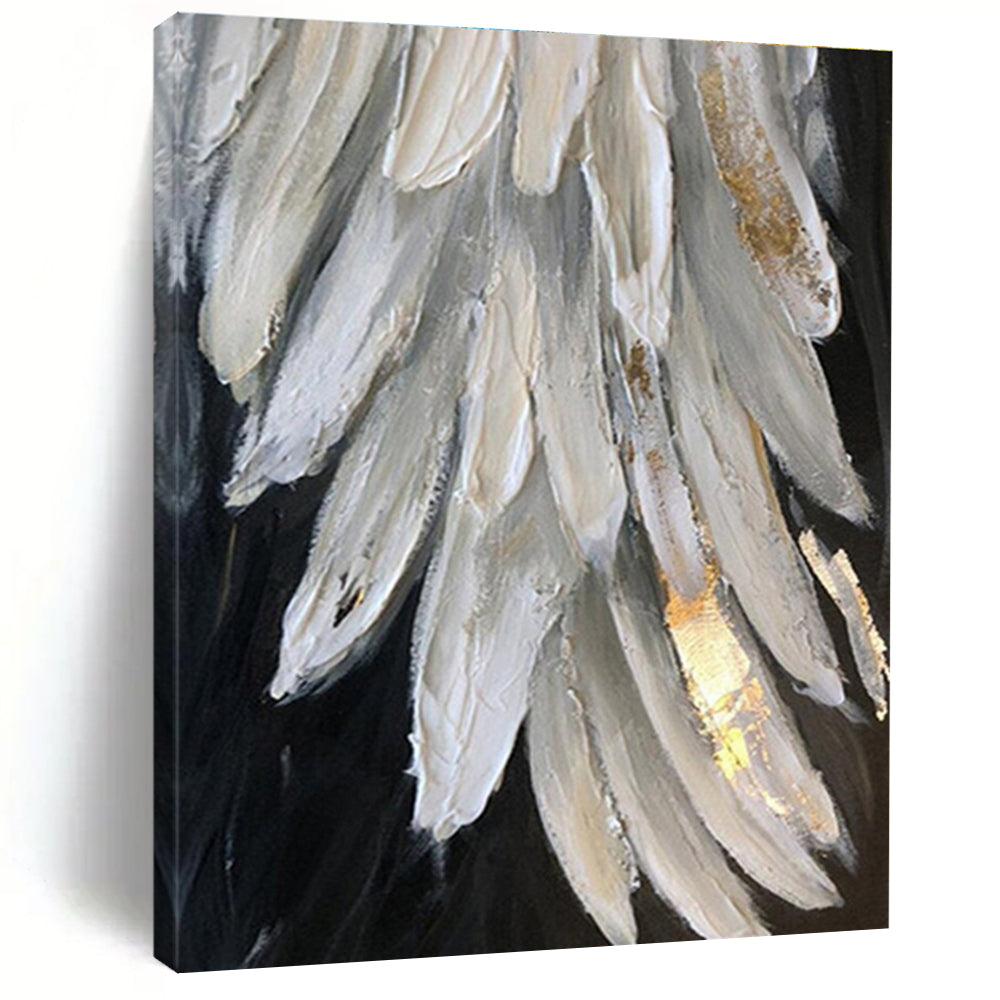 Large Size White, Gray, and Gold Textured Abstract Feather Art DPS469