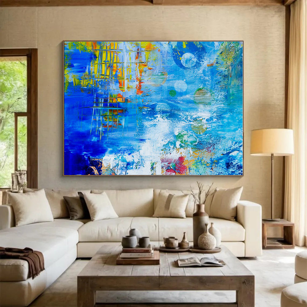 Cool Abstract Paintings Blue, Yellow & Multicolor Textured Abstract Painting On Canvas HPS105