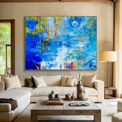 Cool Abstract Paintings Blue, Yellow & Multicolor Textured Abstract Painting On Canvas HPS105