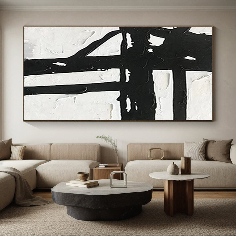 Hand-Painted Black White Textured Geometric Abstract Art PT378