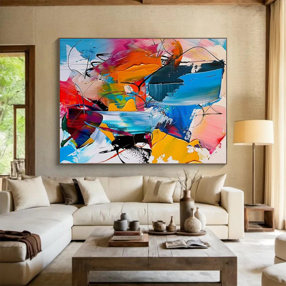 Hand Painted Art Vibrant Multicolor Abstract Energetic Scene, Acrylic Modern Art Painting PT558
