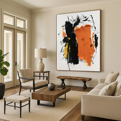 Unique Abstract Art Black, Orange and Yellow Dynamic Abstract Piece, Large Contemporary Wall Art PT522