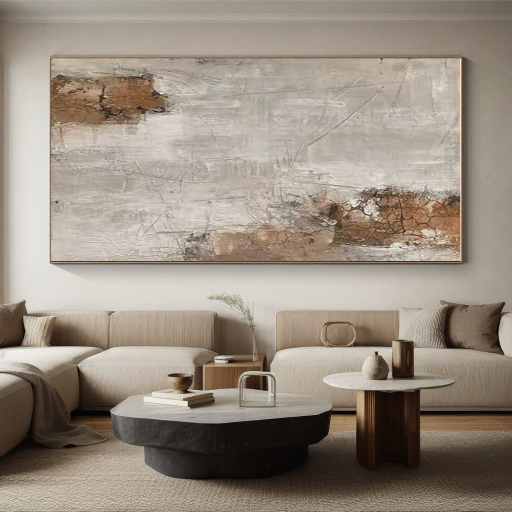 Hand Painted Art Beige, Gray, and Brown Cracked Abstract Piece, Acrylic Modern Art PT305