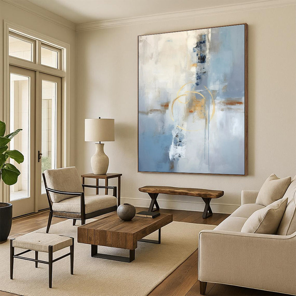 Acrylic Modern Art Paintings Blue, Beige, and Gold Abstract Art PT752