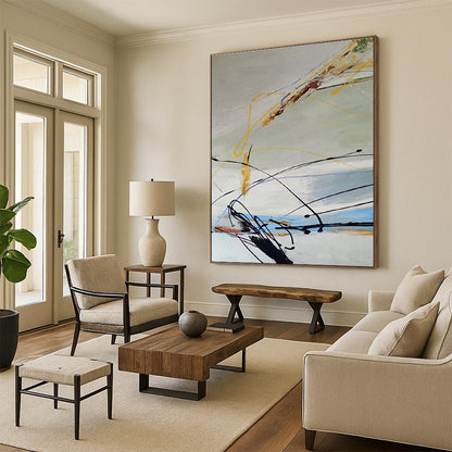 Modern Art Acrylic with Black, Yellow, Blue, and Gray Dynamic Lines, Large Contemporary Wall Art PT210