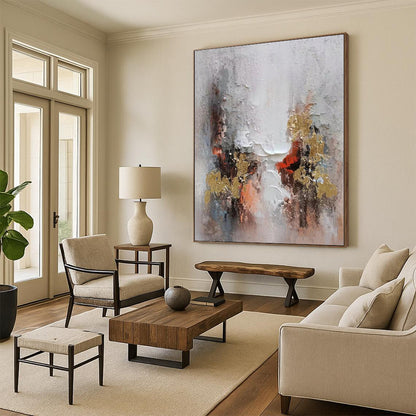 Hand-Painted Gray, Red & Gold Textured Abstract Painting On Canvas PT031