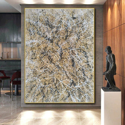 Big Painting Beige and Black Tangled Lines Abstract Art PT617