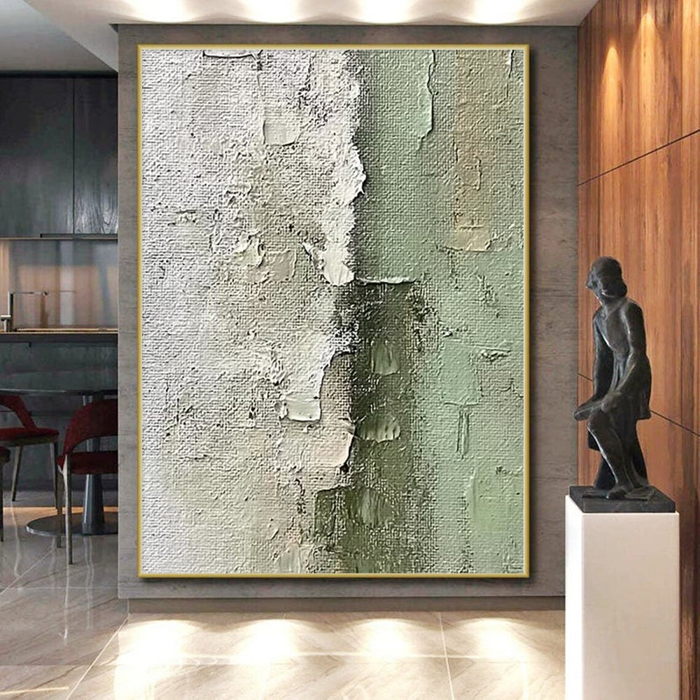 Acrylic Modern Art Paintings in White, Green, and Gray with Textured Details, Paintings For House PT010