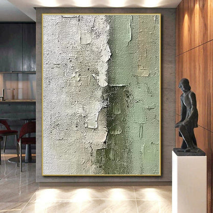 Acrylic Modern Art Paintings in White, Green, and Gray with Textured Details, Paintings For House PT010