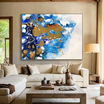Acrylic Modern Art Paintings Blue, Gold & White Fluid Abstract On Canvas HPS058