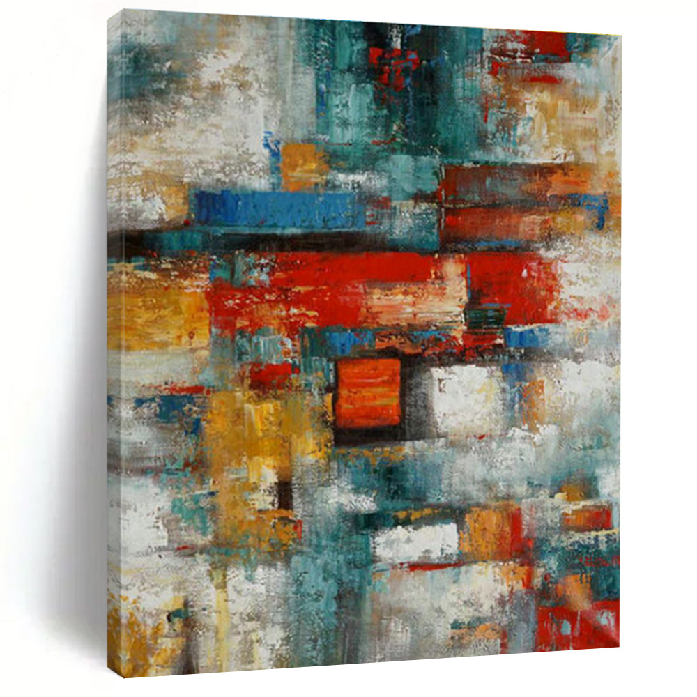 Hand Painting Red, Teal, and Yellow Geometric Abstract Art PT771