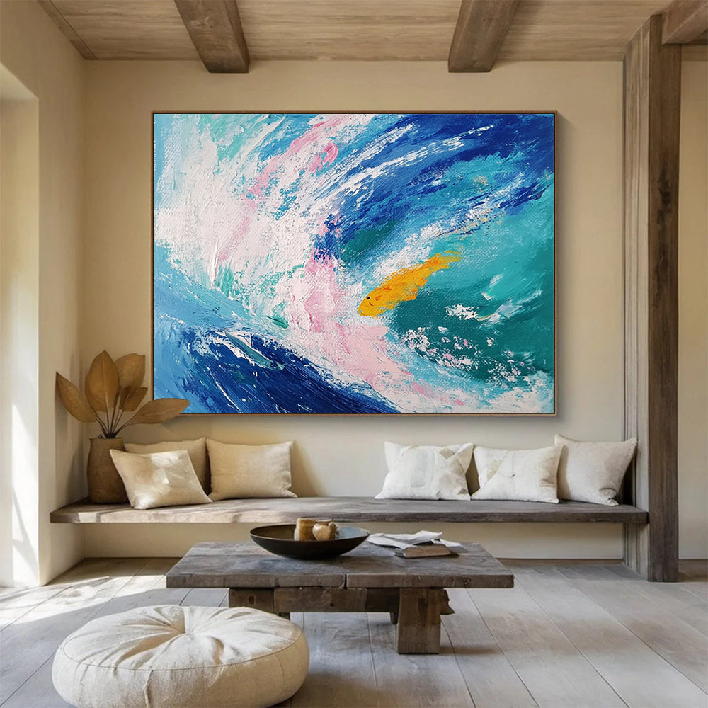 Paintings For House Blue, Pink, White & Yellow Abstract Coastal Painting With Fish HPS289
