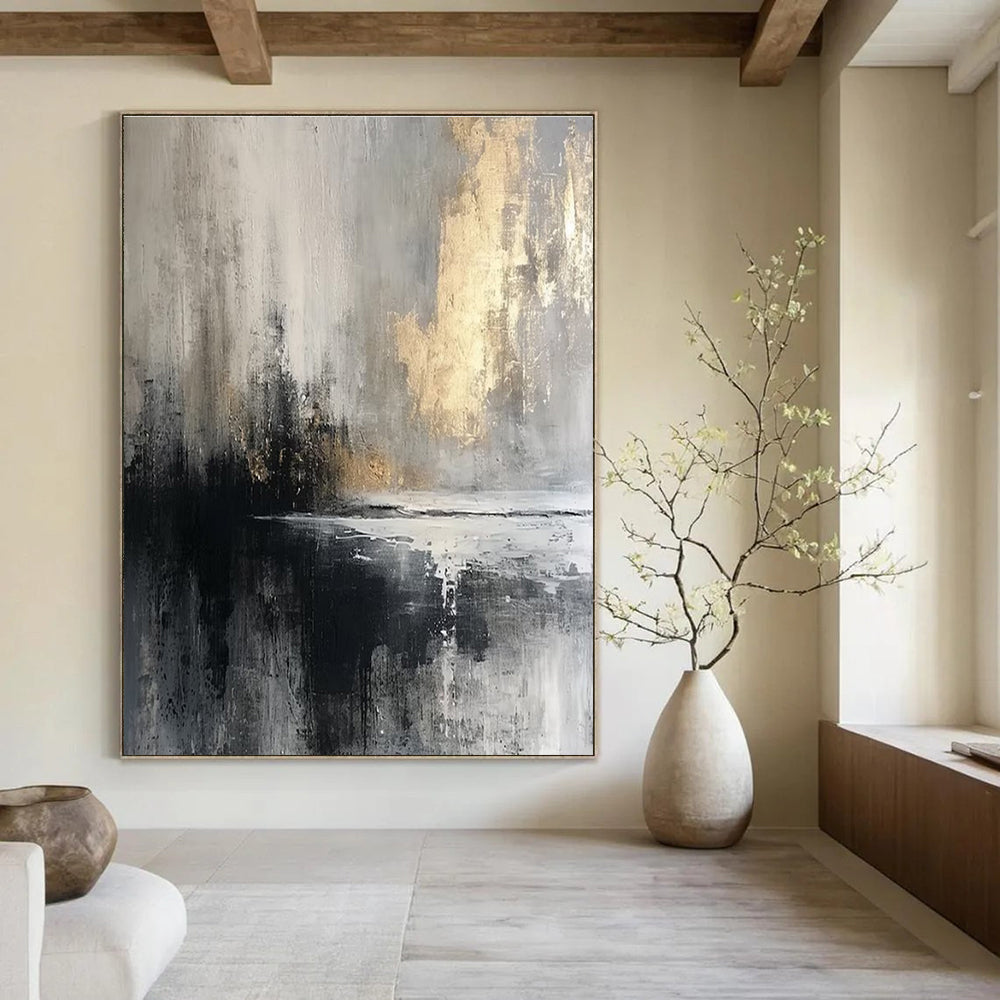 48x60 Black, Gray & Gold Abstract Waterfront, Acrylic Modern Art Paintings DPS490